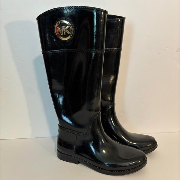 Michael Kors Women's‎ 8 Black Rainboots Heavy Duty Glossy Knee High Boots - Picture 1 of 8